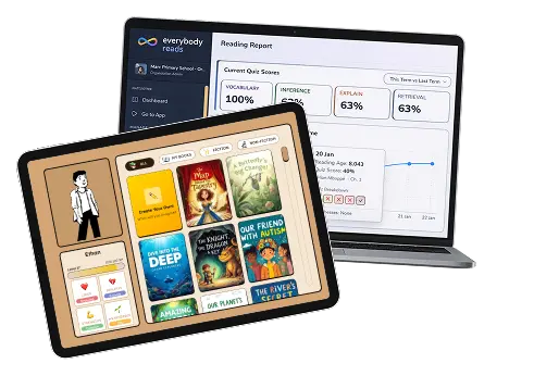 Everybody Reads on a tablet and a laptop: the pupil book library on the tablet and a teacher's reading report with quiz scores on the laptop